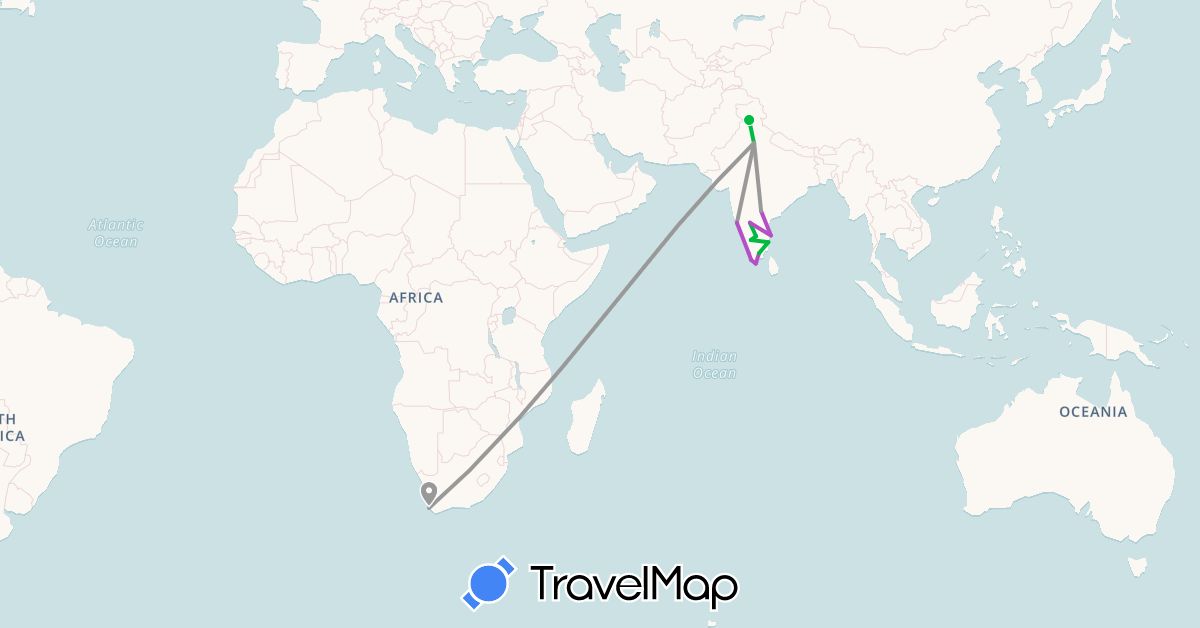 TravelMap itinerary: driving, bus, plane, train in India, South Africa (Africa, Asia)